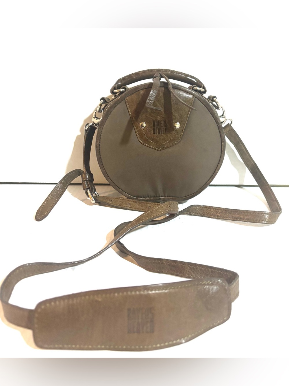 Round Brown nlyon & leather Bag with Top Handle